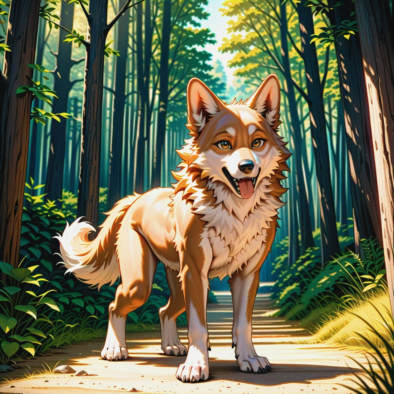 AI Image Description: This image is a digitally painted artwork depicting a white, furry, dog or wolf-like creature standing on a path in a forest.  The style is realistic, with a focus on detailed fur and lighting effects that create a sense of dappled sunlight through the trees. However, the image is also explicitly sexual, as the animal's genitals are prominently displayed.  This type of artwork falls under the category of "yiff," which refers to anthropomorphic animal art, often with sexual or erotic themes.  It's important to note that this type of content is not suitable for all audiences.