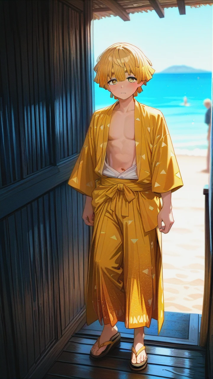 @agatsuma_zenitsu, gender boy, male body, full body, stand in beach, looks at the viewer, day, bright golden eyes, adult, in sandals,