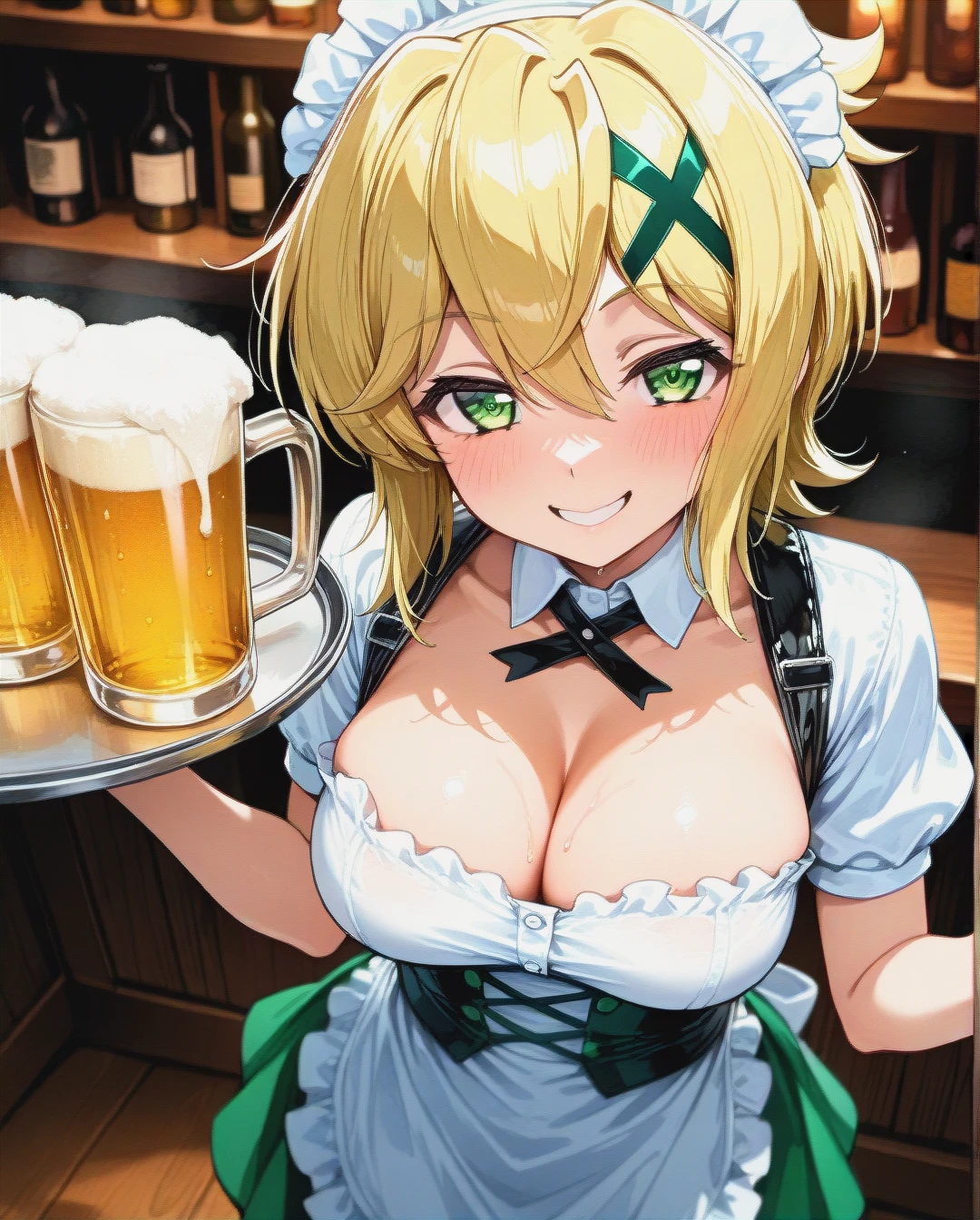 @akatsuki_kirika, naughty smile, Austrian waitress costume, standing, carrying a tray with beer mugs, cleavage, mountain bar, aerial view