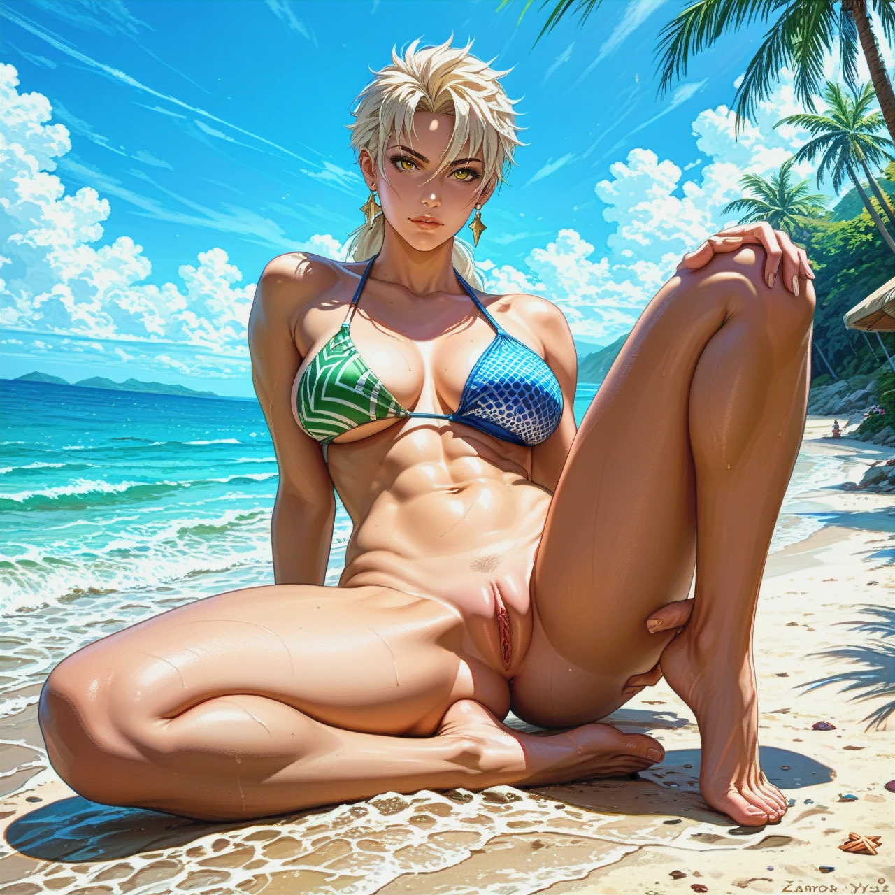 @selina_kyle, full body, facing the viewer, stand in beach, looks at the viewer, day, location towards the viewer, bikini, on the ground, leaning on her hands behind her, legs spread wide apart, one breast is visible, close up from below, with one hand he shows his pussy with his fingers, pussy visible, bikini from the side of the pussy, zoro face, zoro hair,