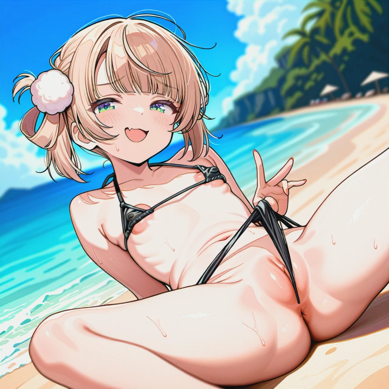 yamada_shiguma, (full_body), beach, solo, @shigure_ui, micro_bikini, (bikini_pull), (happy), smug, (skin_fang), (flat_chest), (puffy_nipples), (large_areolae), labia_slip, puffy_pussy