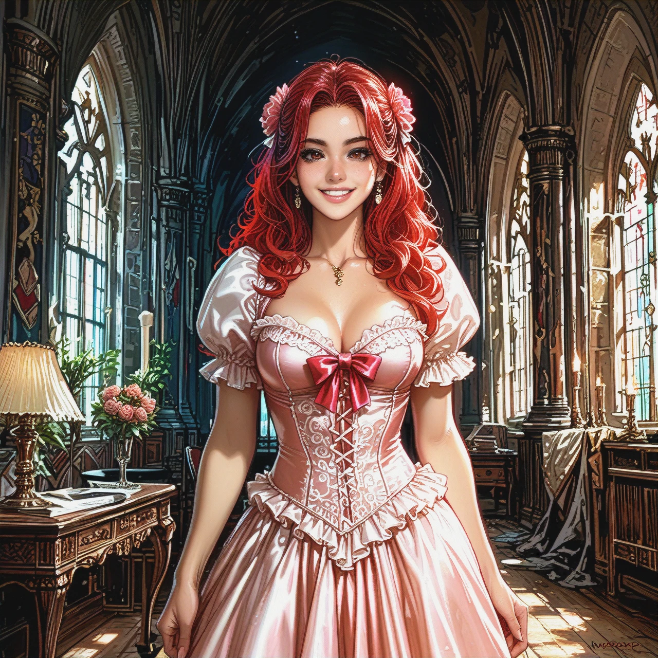 Detailed,comics,red hair latina,smiling,castle room,peach-colored dress,bow-tie in hair