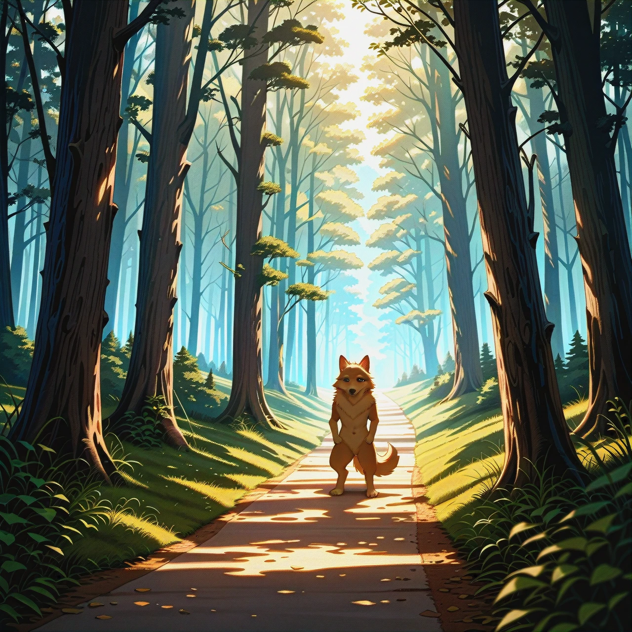 AI Image Description: This image is a digitally painted artwork depicting a white, furry, dog or wolf-like creature standing on a path in a forest.  The style is realistic, with a focus on detailed fur and lighting effects that create a sense of dappled sunlight through the trees. However, the image is also explicitly sexual, as the animal's genitals are prominently displayed.  This type of artwork falls under the category of "yiff," which refers to anthropomorphic animal art, often with sexual or erotic themes.  It's important to note that this type of content is not suitable for all audiences.