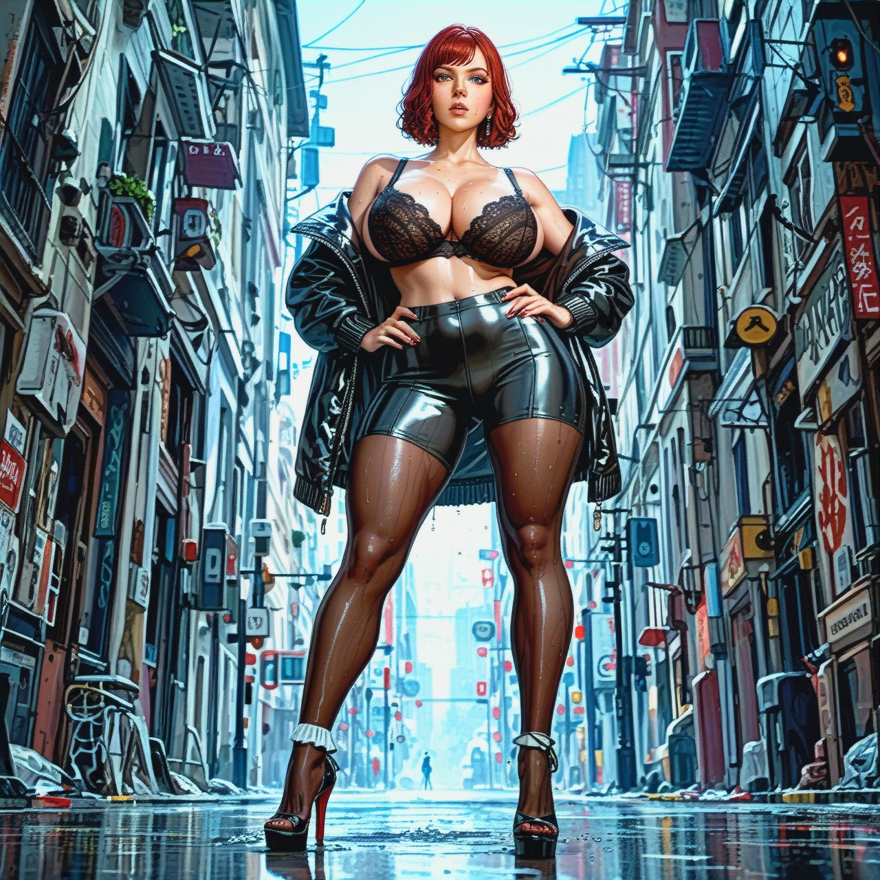 Black Widow,slim,Scarlett Johansson,straight bangs,wet,view from below,flat stomach,open jacket,black pantyhose,huge breasts,white socks,plump lips,black lace bra,shaped jewelry,loose bra,high heels,stiletto heels,black sneakers,freckle,huge boobs, hands on hips,shoulder,1girl,solo,night road