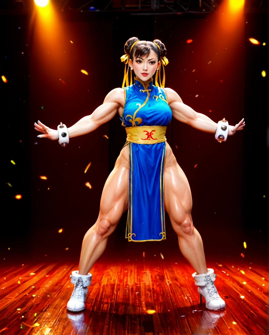 Chun-Li, Street Fighter, blue and white outfit with gold trim, action scene fighting pose, hyper-realistic illustration style, action scene art, in the style of Akira Yasuda, anime-inspired character design, detailed background elements, dynamic composition, high resolution, vibrant colors, high contrast, soft lighting, fluid motion, high energy, full-body portrait, strong facial expression, double-bun hairstyle --ar 1:2 --stylize 750 --niji @chun-li