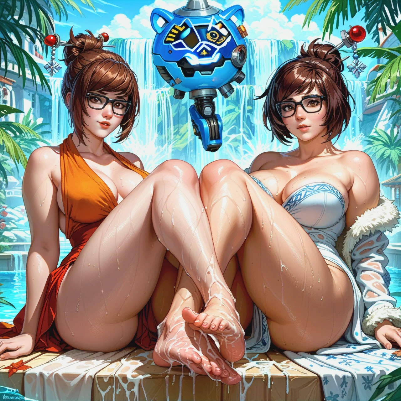 2 girls, @mei from overwatch, @velma_dinkley, bbw, sweaty, messy hair, spa, wearing robes, aroused, sexy feet,