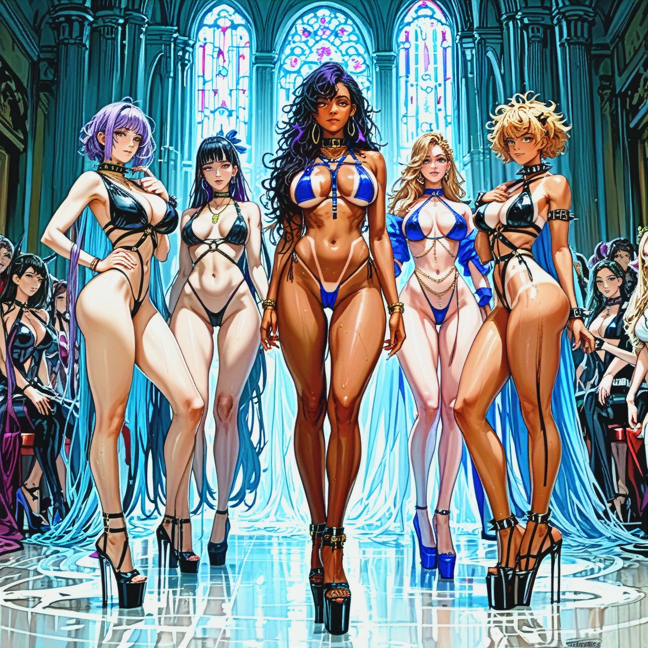 5 Girls, messy hair, very skinny, very Long Legs, slim waist, purple platform knee high botts with high heels, tight bubble butt, round breasts,  tan lines, spiked collar, necklace, belly chain, leather bondage harness, purple micro thong up,  standing, front- and back view, stripbar