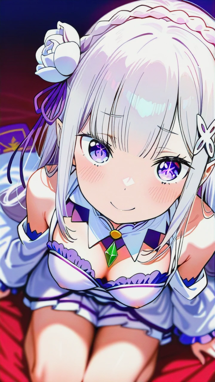 kawaii style score_9, score_8_up, rating_explicit, emilia_(re:zero), re:zero_kara_hajimeru_isekai_seikatsu, 1girl, purple_eyes, x_hair_ornament rating_safe Kneeling looking at viewer from above . cute, adorable, brightly colored, cheerful, anime influence, highly detailed