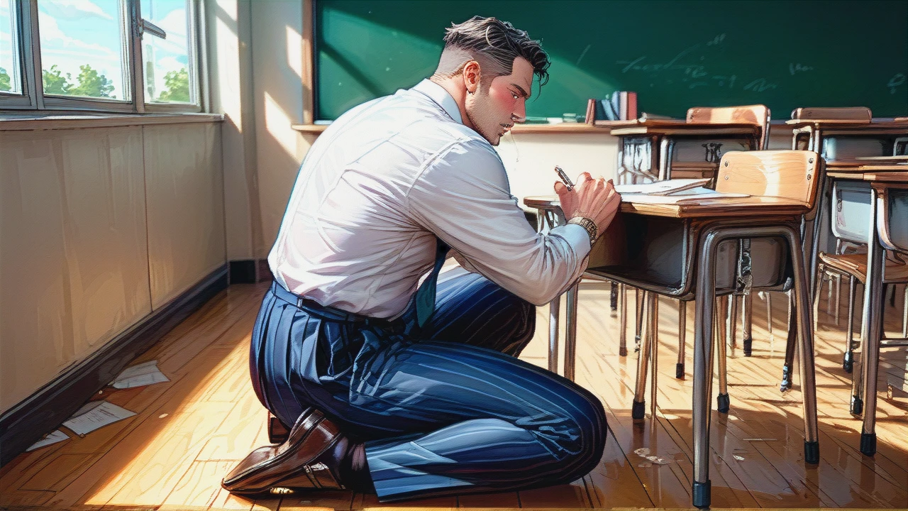 cut young boy, blushing, school uniform, mature man sitting on chair, man dresse as teacher, boy sucking man's cock, boy kneeling on ground, in classroom