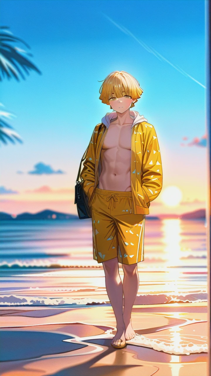 @agatsuma_zenitsu, gender boy, male body, full body, stand in beach, looks at the viewer, day, the sun shines from top to bottom, bright golden eyes, adult,