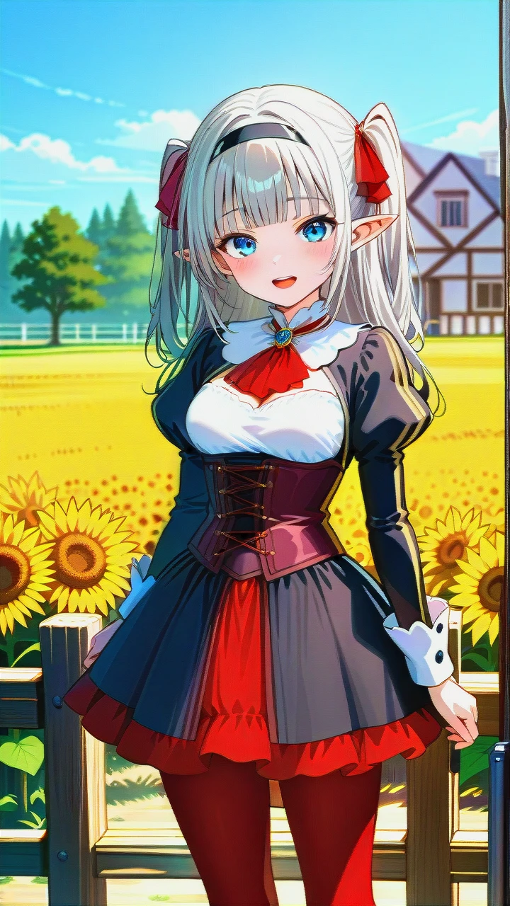 score_7_up, anime screencap, , RurushiINN, 1girl, solo, open mouth, light smile, light blush, upper teeth only, grey hair, long hair, two side up, blunt bangs, blue eyes, pointy ears, hairband, hair ribbon, RuuDress, multicolored dress, corset, cleavage cutout, ascot, brooch, juliet sleeves, puffy sleeves, long sleeves, red pantyhose, standing, looking at viewer, field, sunflower, scenery, tree, building, house, fence, wood