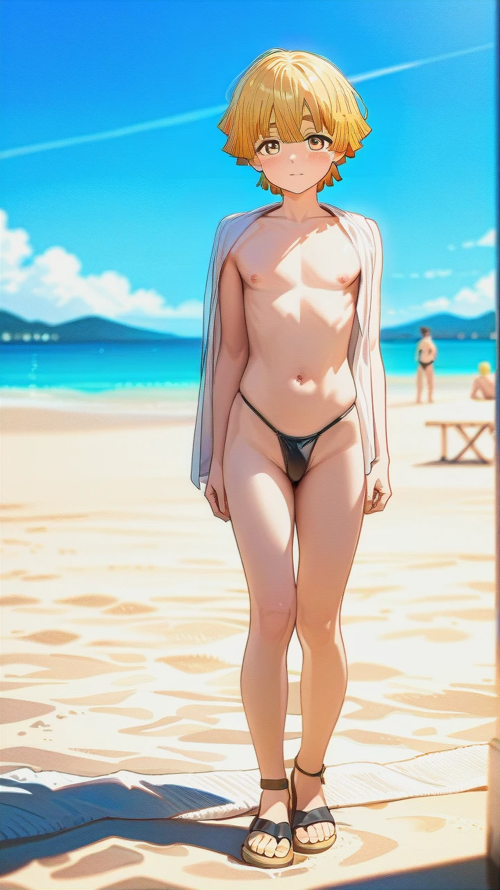 @agatsuma_zenitsu, gender boy, male body, full body, stand in beach, looks at the viewer, day, bright golden eyes, adult, in sandals, thong,