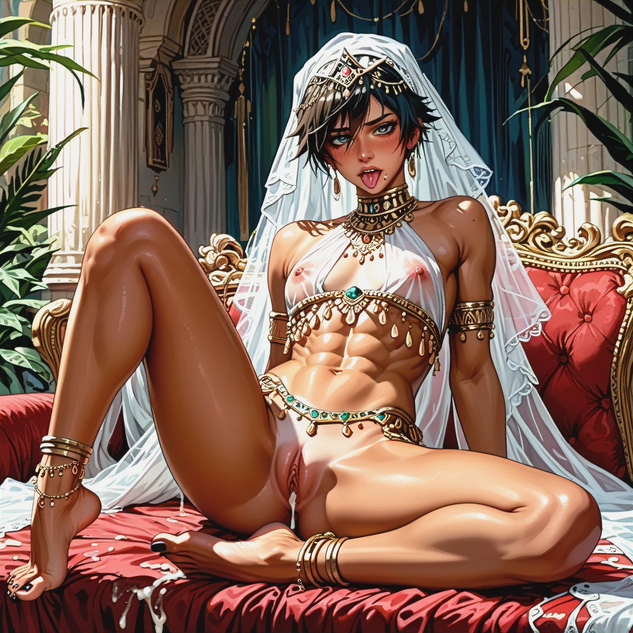 Girl, tomboy, tan, broad shoulders, abs, long legs, black nails, veil, dancer's outfit, transparent clothes, anklets, sits on a dick, pussy visible, nipples visible, legs spread, flat chest, cum inside vagina, tongue sticking out, tongue piercing, blushes , shy