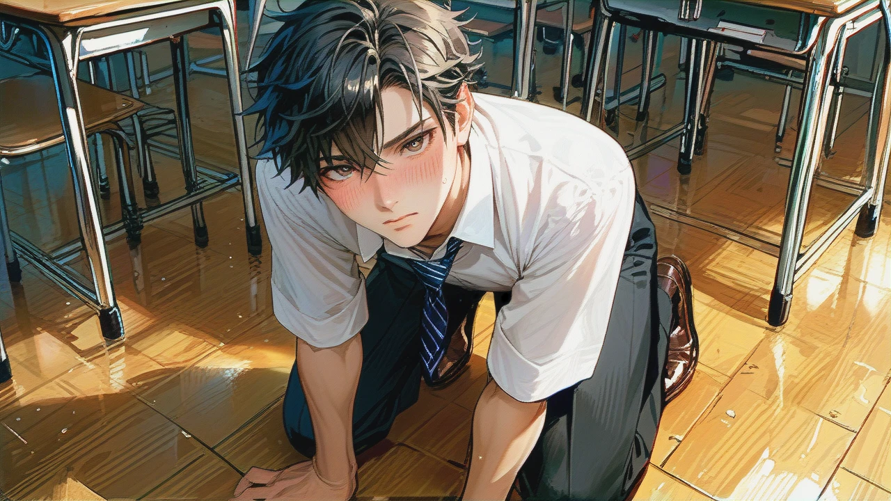 cute young boy, blushing, kneeling on ground, in classroom