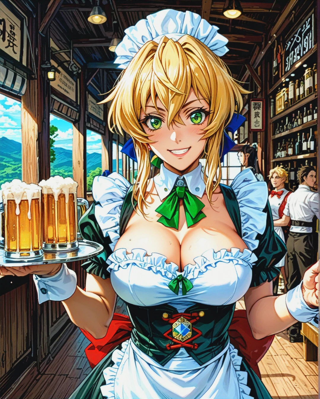 @akatsuki_kirika, naughty smile, Austrian waitress costume, standing, carrying a tray with beer mugs, cleavage, mountain bar, aerial view