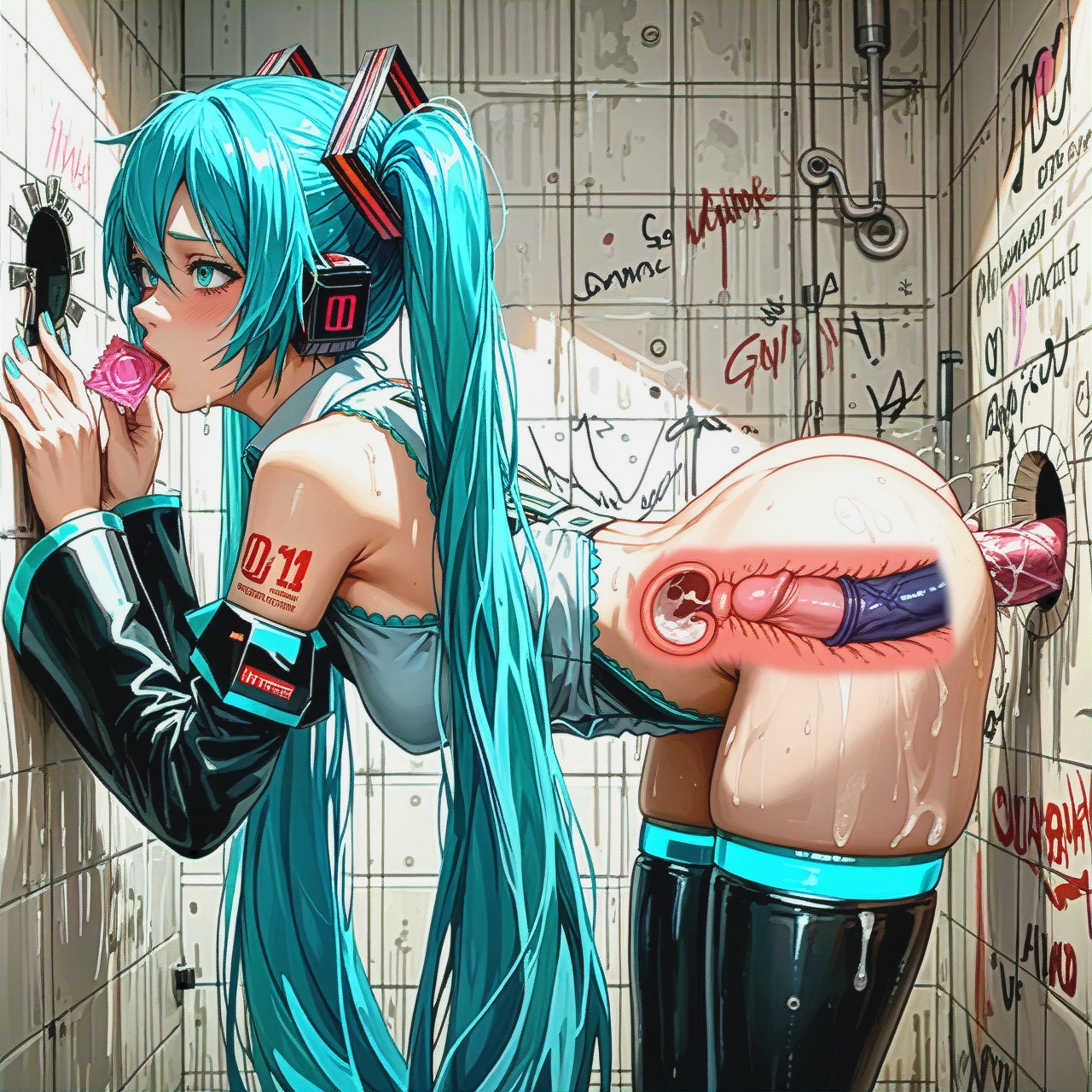 (glory_wall), @hatsune_miku, (tentacles), (condom_left_inside), (triple_vaginal), (x-ray), (glory_hole),