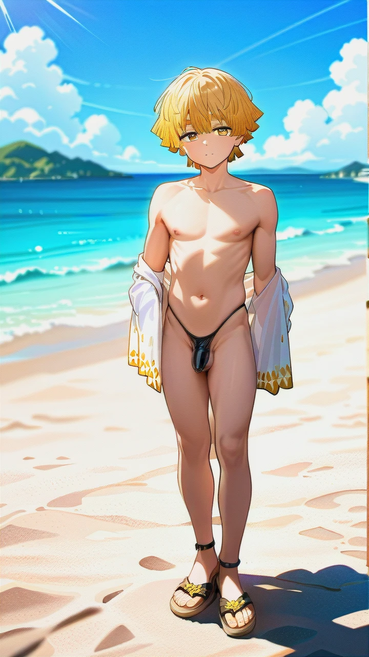 @agatsuma_zenitsu, gender boy, male body, full body, stand in beach, looks at the viewer, day, bright golden eyes, adult, in sandals, thong, penis in thong,