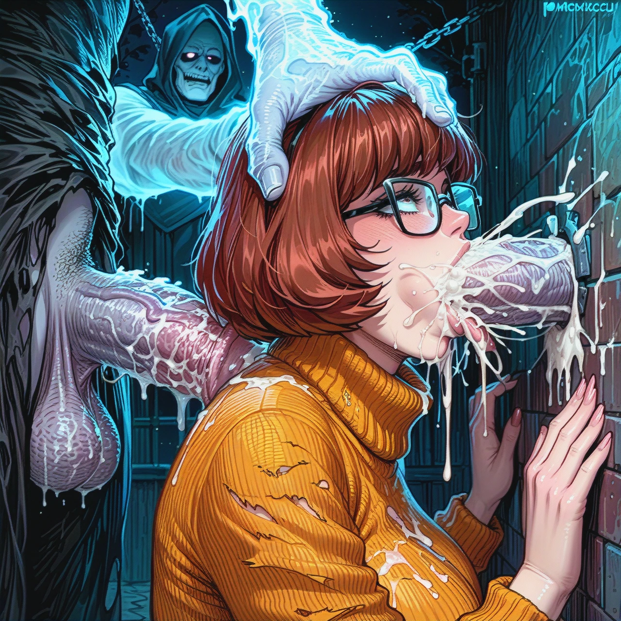 velma dinkley, pressed against wall, chained to wall, ripped clothes, glasses, deepthroat, face fucking, haunted house, night, ghost man, surrounded by ghosts, extreme massive hyper penises, cum in mouth, excessive cum, covered in cum