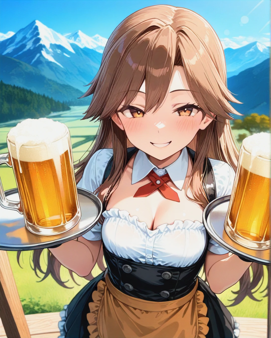 @arashio, naughty smile, Austrian waitress costume, standing, carrying a tray with beer mugs, cleavage, mountain bar, aerial view