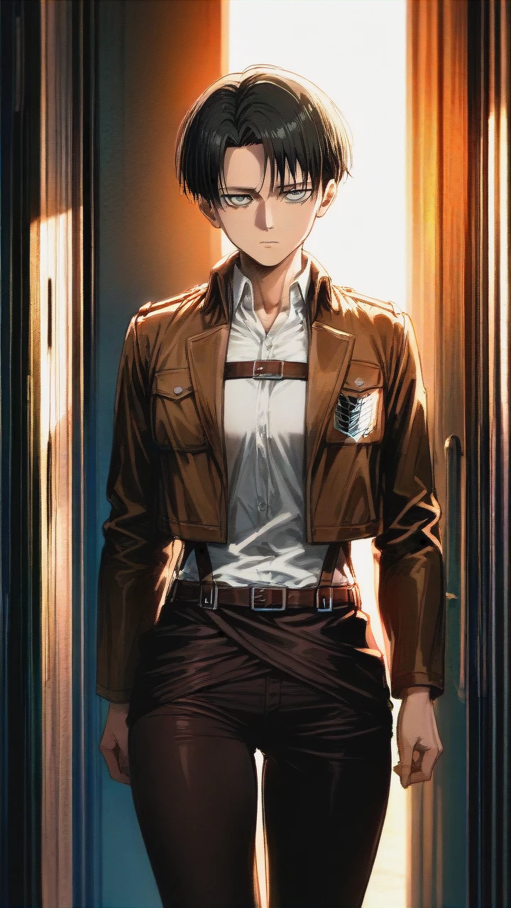 Levi Ackerman (Attack On Titan), standing, facing the viewer,  best quality, high quality, high detail, best lighting, beautiful eyes,