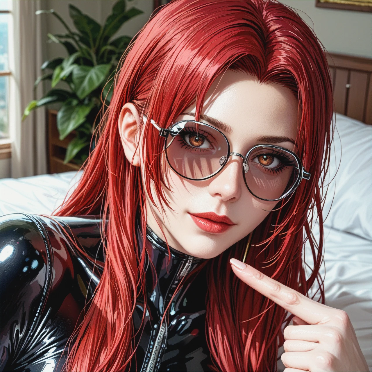 Mitsuru Kirijo with big tits, {{{illustration}}}, {{{black tight latex suit}}}, She's wearing opaque tinted glasses,  in the bedroom (pointing_down) (yandere), red long hair, {{{realistic brown eyes with black pupils}}}, {{black eyeliner}}, very long eyelashes, {{{beautiful oval face}}}, {{{pale gray skin}}}, looks seriously at the viewer, middle plan, {{{ blurred background of a bed in a rich apartment}}}, contrasting light and shadows, photorealism, sharpness , style: cinematic