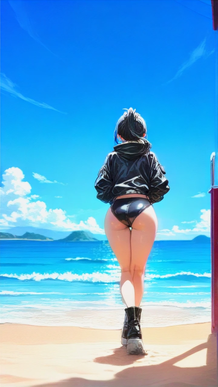 Iruma Suzuki boy, in front, full body, day, beach,