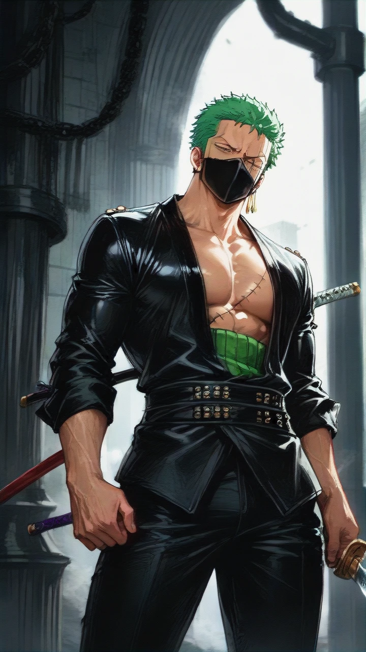 Roronoa Zoro (One Piece), stand, facing the viewer, normal human skin,