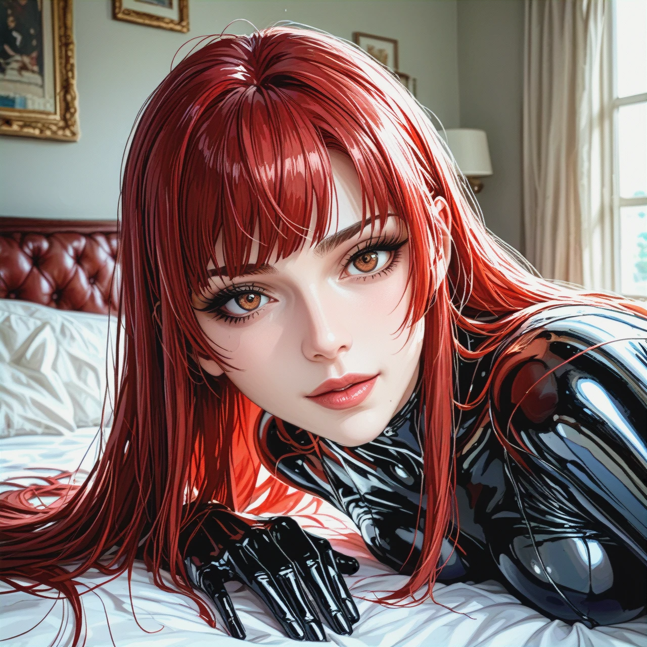 Rudeus Greyrat doing cunnilingus for Mitsuru Kirijo with big tits, {{{illustration}}}, {{{black tight latex suit}}},  in the bedroom , (yandere), red long hair, {{{realistic brown eyes with black pupils}}}, {{black eyeliner}}, very long eyelashes, {{{beautiful oval face}}}, {{{pale gray skin}}}, middle plan, {{{ blurred background of a bed in a rich apartment}}}, contrasting light and shadows, photorealism, sharpness , style: cinematic