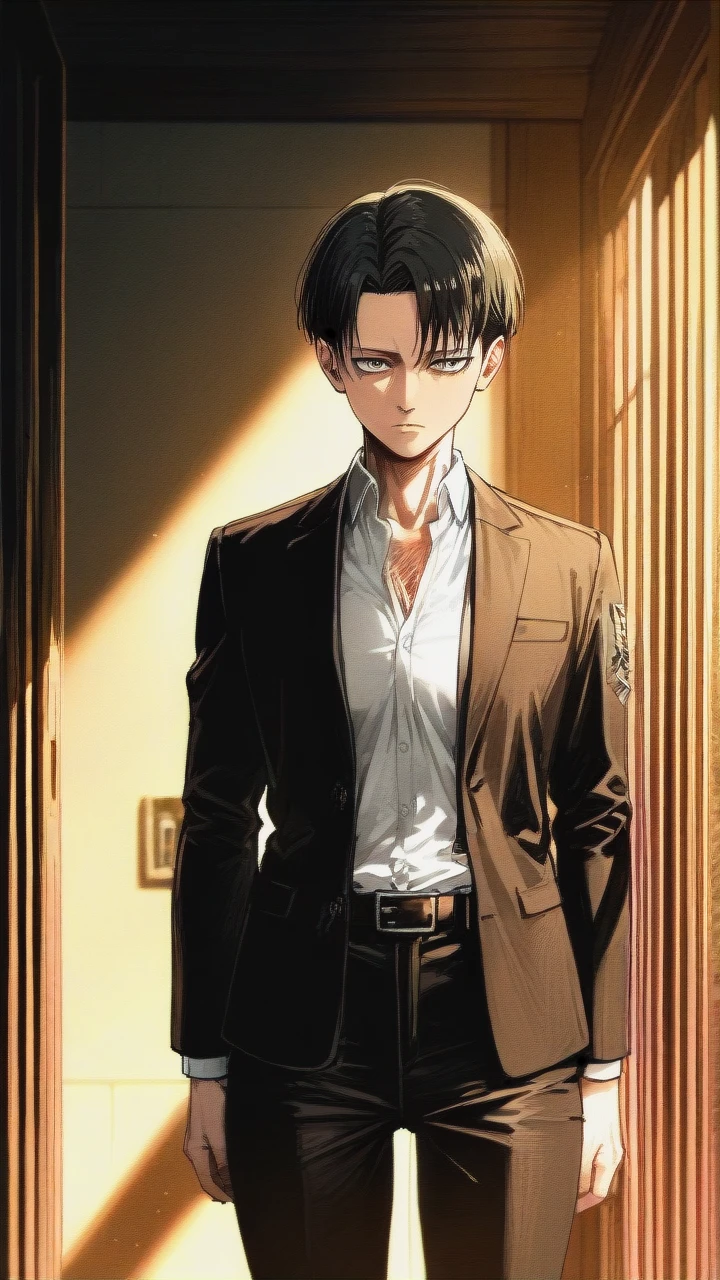 Levi Ackerman (Attack On Titan)  , standing, facing the viewer,  best quality, high quality, high detail, best lighting, suit unbuttoned to the waist,