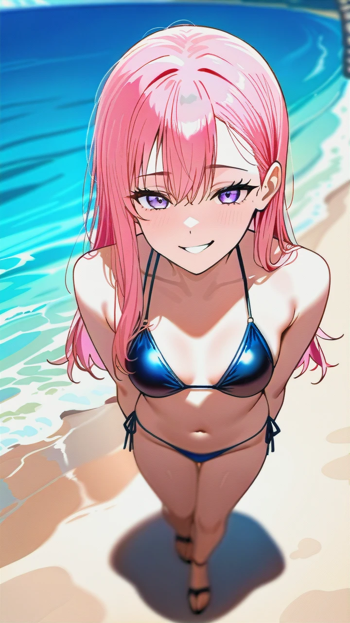 madeus aris, boy, pink hair, pale, skin, purple eyes, slender, face, sharp, jawline, pointed, chin, elegant, expression, smirk, confident, slightly, open, mouth, long, eyelashes, thin, eyebrows, straight, nose, high, on the beach, in a bikini, full body,