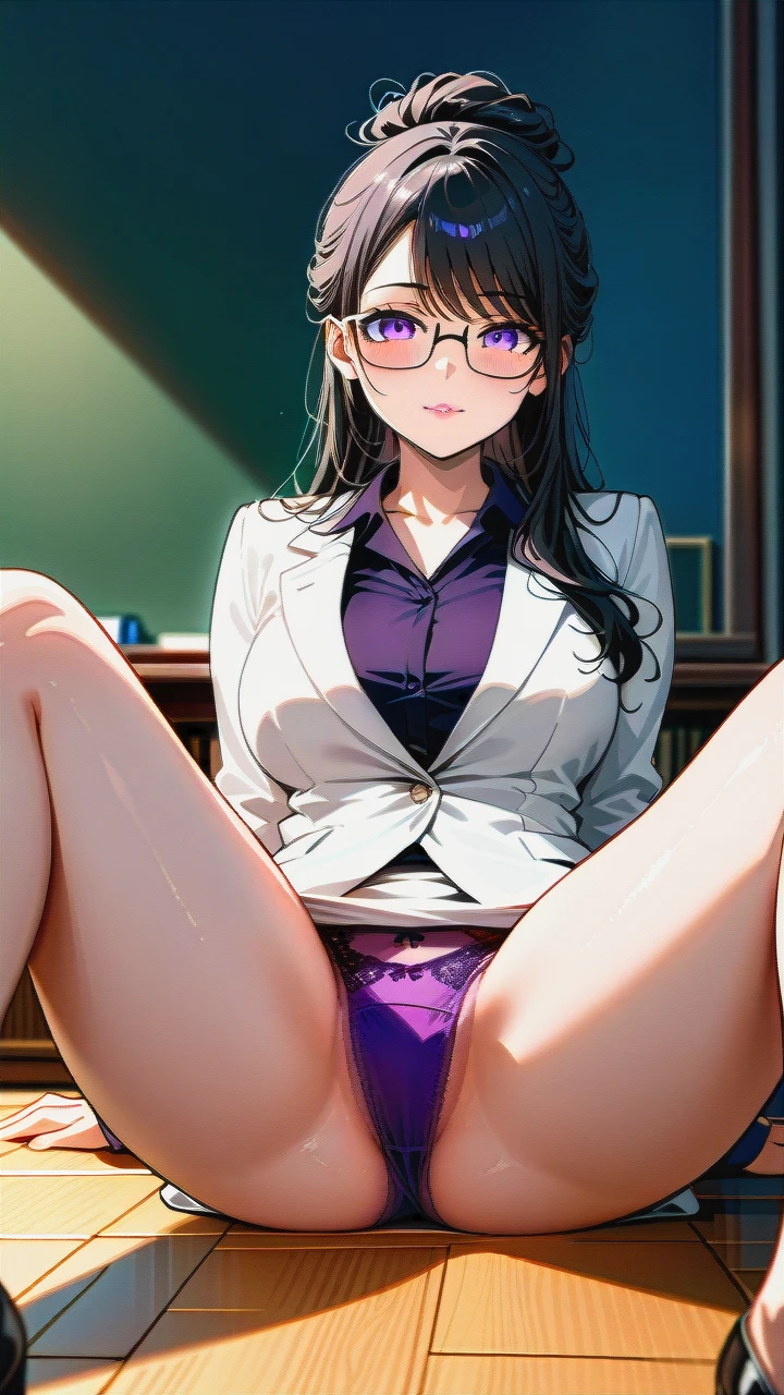 anime, adult woman 40 years old, in rectangular glasses, pink lips, cute lips, hair hairstyle gathered in a lump on the head, from the hairstyle there is a tail of hair, on one side of the bangs there is a long hair,purple eyes, black hair, black detail glasses, teacher, full length, white teacher's jacket, jacket sleeves unfolded, purple panties, panties are visible, only panties, shows purple panties, sitting on the floor, spread her legs,