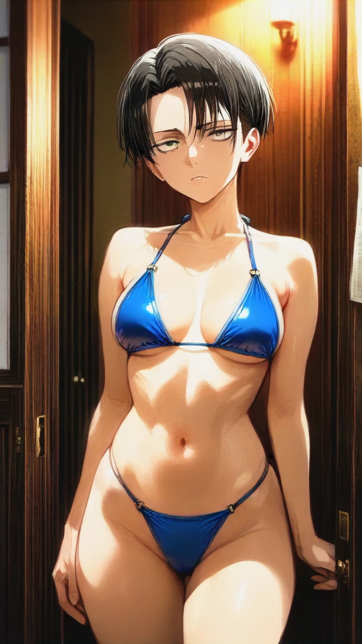 Levi Ackerman (Attack On Titan), standing, facing the viewer, bikini,