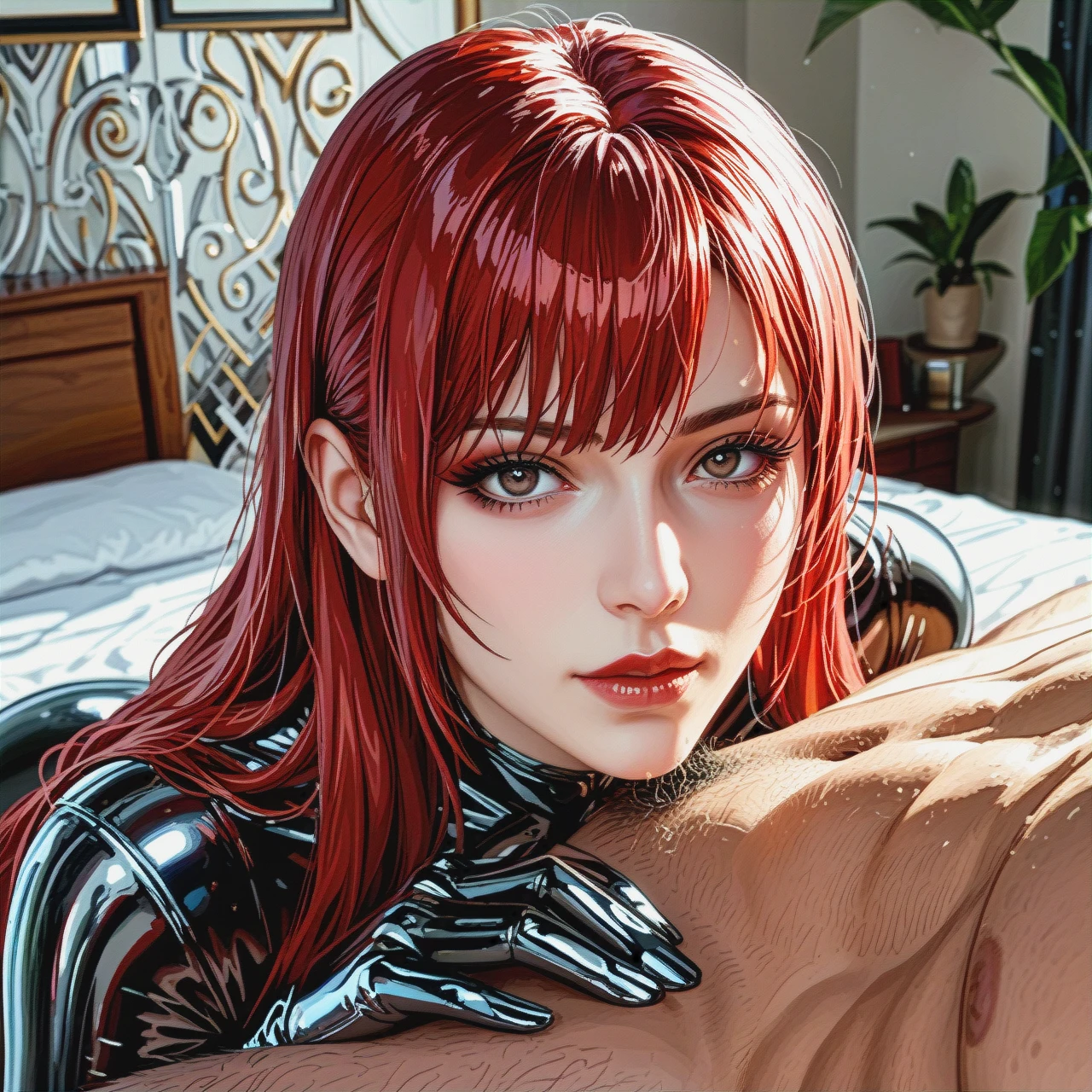 Rudeus Greyrat gives her cunnilingus for Mitsuru Kirijo with big tits, {{{illustration}}}, {{{black tight latex suit}}},  in the bedroom , (yandere), red long hair, {{{realistic brown eyes with black pupils}}}, {{black eyeliner}}, very long eyelashes, {{{beautiful oval face}}}, {{{pale gray skin}}}, looks seriously at the viewer, middle plan, {{{ blurred background of a bed in a rich apartment}}}, contrasting light and shadows, photorealism, sharpness , style: cinematic