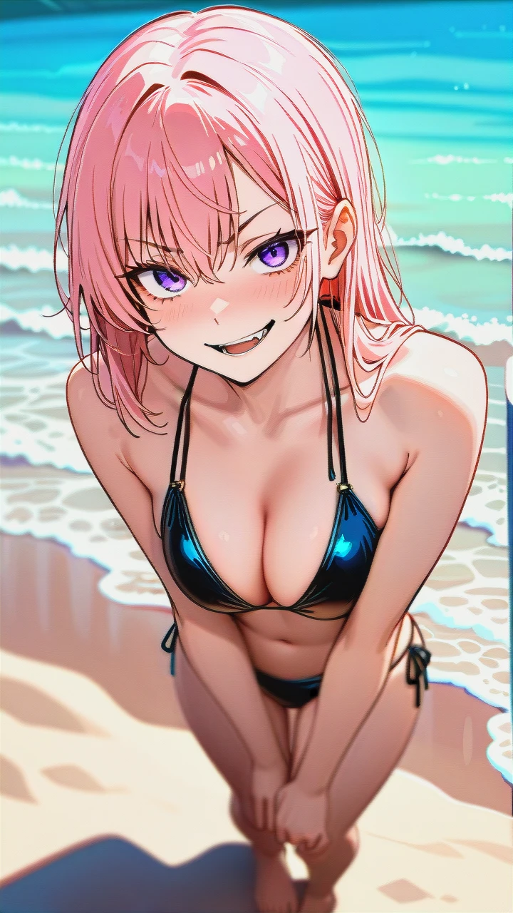 Asmodeus Alice, boy, pink hair, pale, skin, purple eyes, slender, face, sharp, jawline, pointed, chin, elegant, expression, smirk, confident, slightly, open, mouth, long, eyelashes, thin, eyebrows, straight, nose, high, on the beach, full body, male body, shoulder length hairstyle thinning hairstyle, hair sticking out separately, stern male face, male body in bikini,