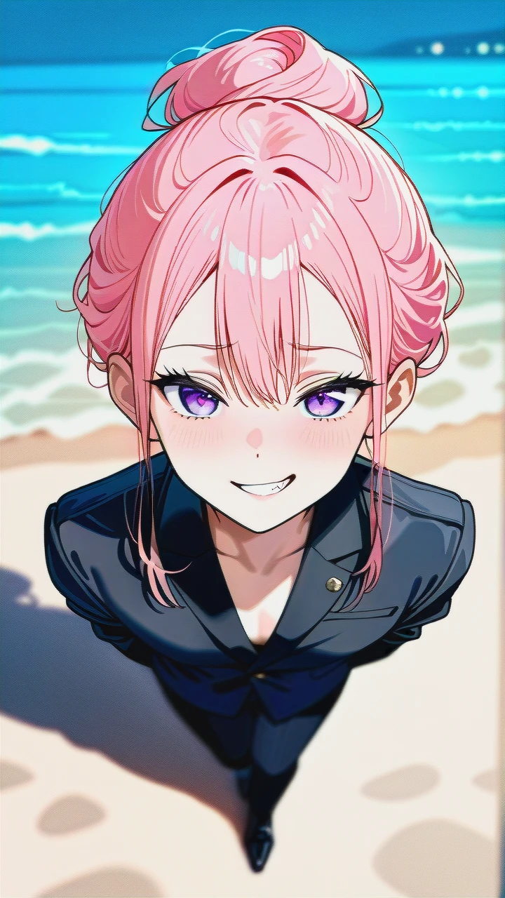 madeus aris, boy, pink hair, pale, skin, purple eyes, slender, face, sharp, jawline, pointed, chin, elegant, expression, smirk, confident, slightly, open, mouth, long, eyelashes, thin, eyebrows, straight, nose, high, on the beach, full body, male body, shoulder length hairstyle thinning hairstyle, hair sticking out separately,