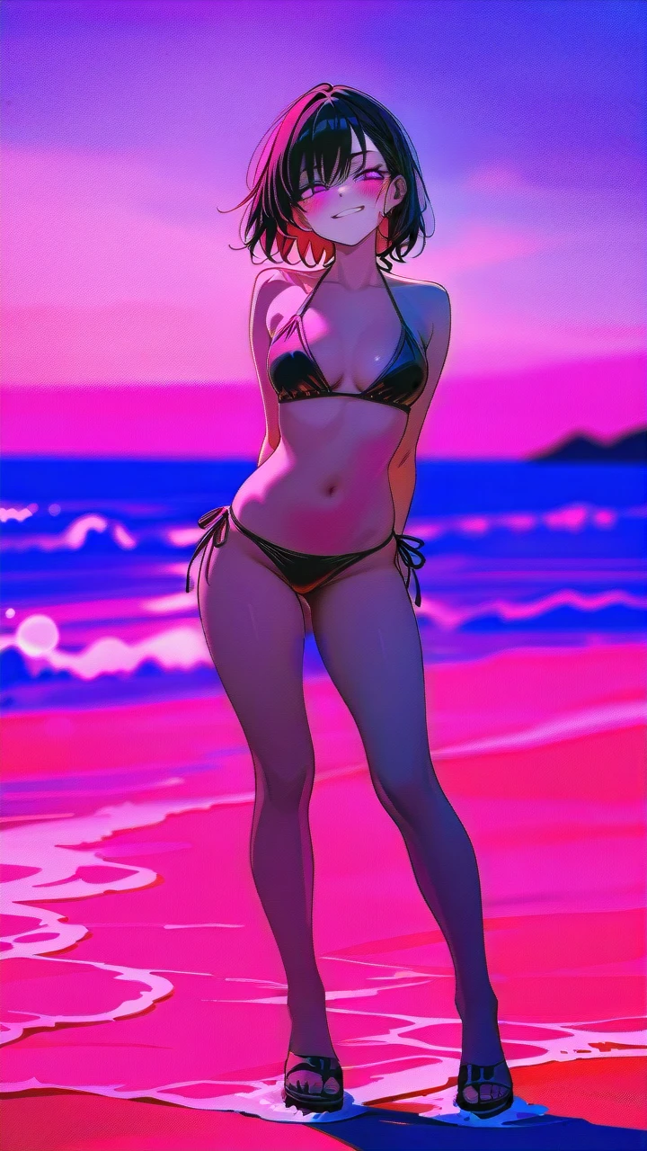 anime, boy, pink, hair, pale, skin, purple, eyes, slender, face, sharp, jawline, pointed, chin, elegant, expression, smirk, confident, slightly, open, mouth, long, eyelashes, thin, eyebrows, straight, nose, high, on the beach, in a bikini, full body,