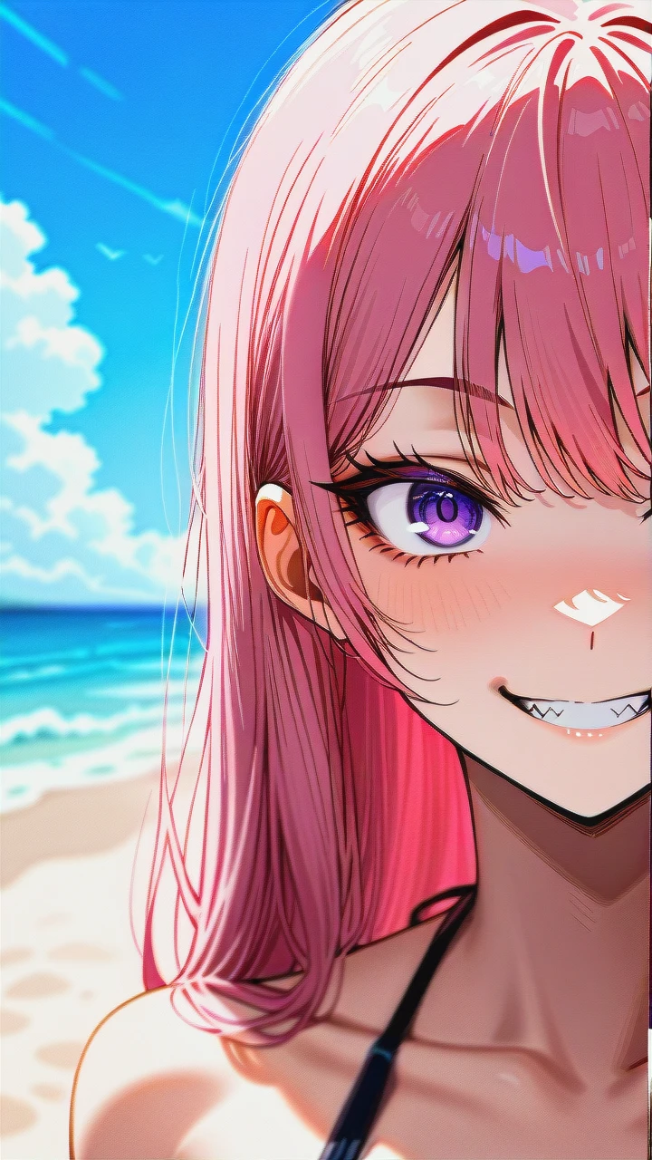 anime, boy, pink hair, pale, skin, purple eyes, slender, face, sharp, jawline, pointed, chin, elegant, expression, smirk, confident, slightly, open, mouth, long, eyelashes, thin, eyebrows, straight, nose, high, on the beach, in a bikini, full body,