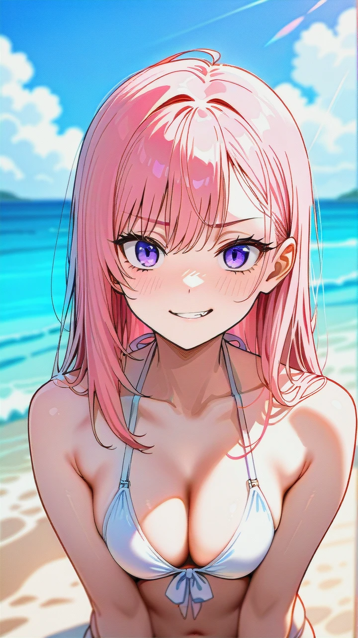 anime, boy, pink hair, pale, skin, purple eyes, slender, face, sharp, jawline, pointed, chin, elegant, expression, smirk, confident, slightly, open, mouth, long, eyelashes, thin, eyebrows, straight, nose, high, on the beach, in a bikini, full body, boy,