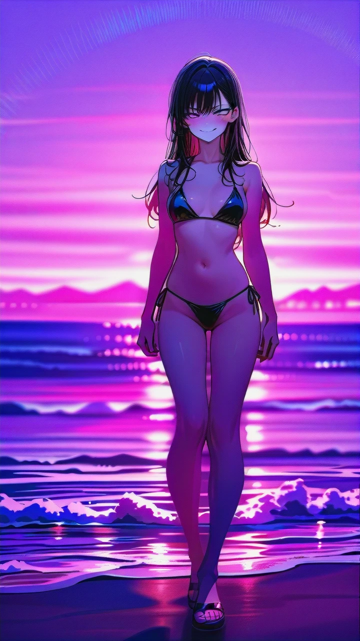 anime, boy, hair, pale, skin, purple, eyes, slender, face, sharp, jawline, pointed, chin, elegant, expression, smirk, confident, slightly, open, mouth, long, eyelashes, thin, eyebrows, straight, nose, high, on the beach, in a bikini, full body,