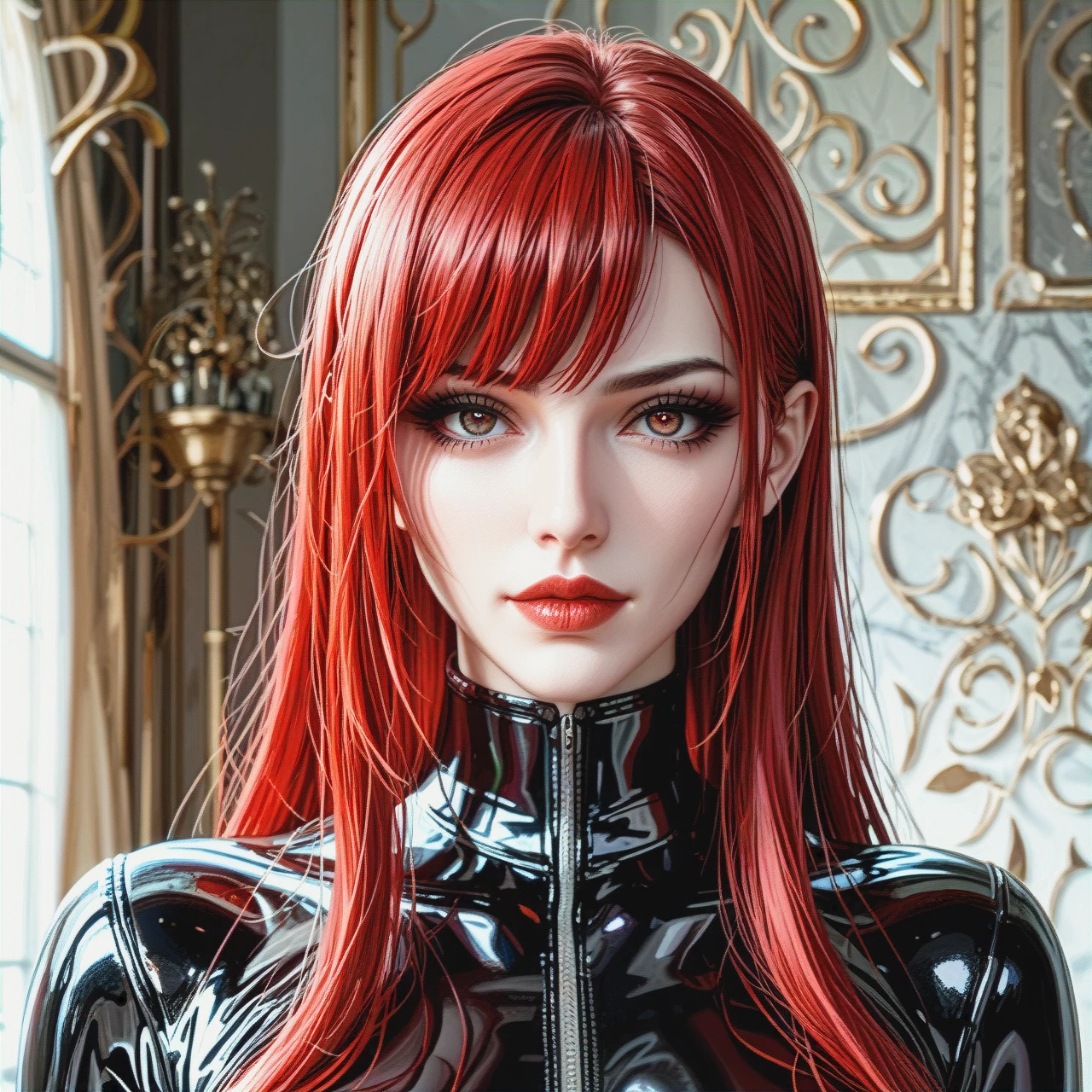 Mitsuru Kirijo with big tits, {{{illustration}}}, {{{black tight latex suit}}} {{black opaque aviator glasses}}, standing posing in the bedroom (salute) (yandere), red long hair, {{{realistic brown eyes with black pupils}}}, {{black eyeliner}}, very long eyelashes, {{{beautiful oval face}}}, {{{pale gray skin}}}, looks seriously at the viewer, middle plan, {{{ blurred background of a bed in a rich apartment}}}, contrasting light and shadows, photorealism, sharpness , style: cinematic