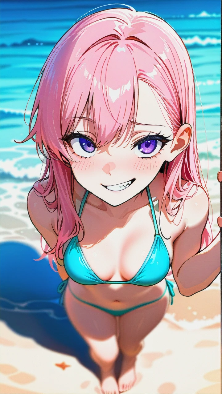 anime, boy, pink hair, pale, skin, purple eyes, slender, face, sharp, jawline, pointed, chin, elegant, expression, smirk, confident, slightly, open, mouth, long, eyelashes, thin, eyebrows, straight, nose, high, on the beach, in a bikini, full body,