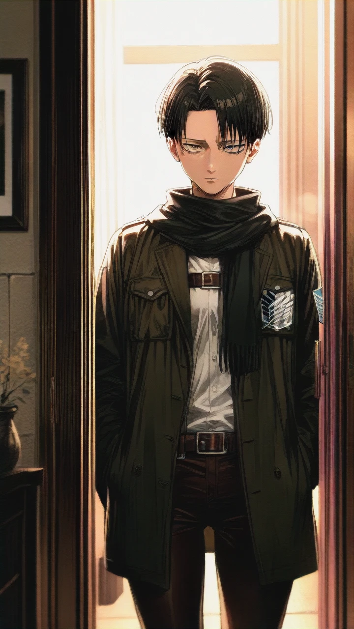 Levi Ackerman (Attack On Titan), standing, facing the viewer,  best quality, high quality, high detail, best lighting,