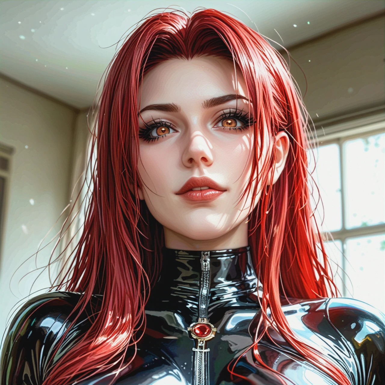 Mitsuru Kirijo with big tits, {{{illustration}}}, {{{black tight latex suit}}}, She's wearing dark sunglasses,  in the bedroom (pointing_down) (yandere), red long hair, {{{realistic brown eyes with black pupils}}}, {{black eyeliner}}, very long eyelashes, {{{beautiful oval face}}}, {{{pale gray skin}}}, looks seriously at the viewer, middle plan, {{{ blurred background of a bed in a rich apartment}}}, contrasting light and shadows, photorealism, sharpness , style: cinematic