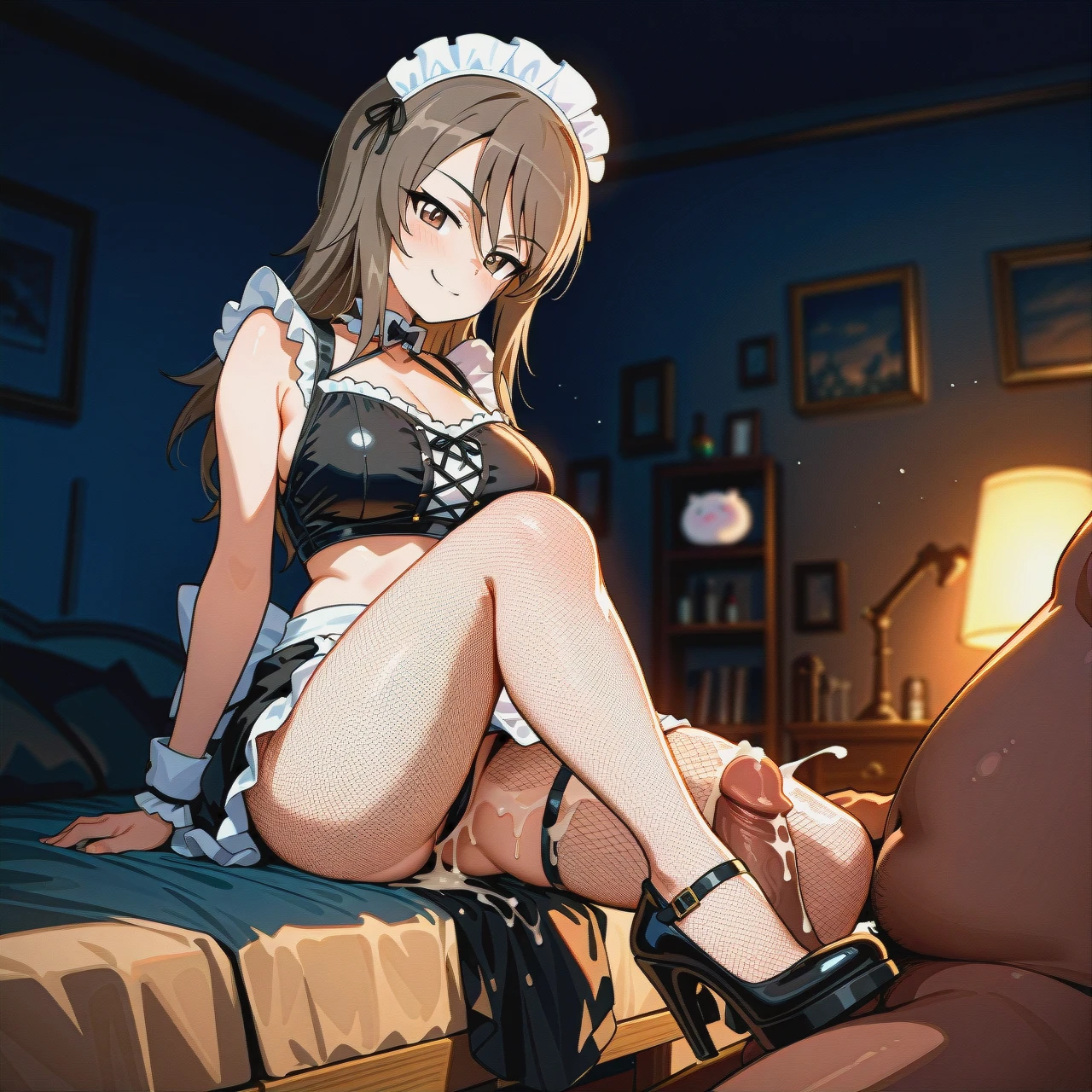 (threesome),@mika_girls_und_panzer, threesome,3girl, teasing_cock, cum_on thigh, tippy_toes,fat_neck, shirt,tight_fishnets,maid_hat,shoes, dark_alleyway, Princess_Zelda