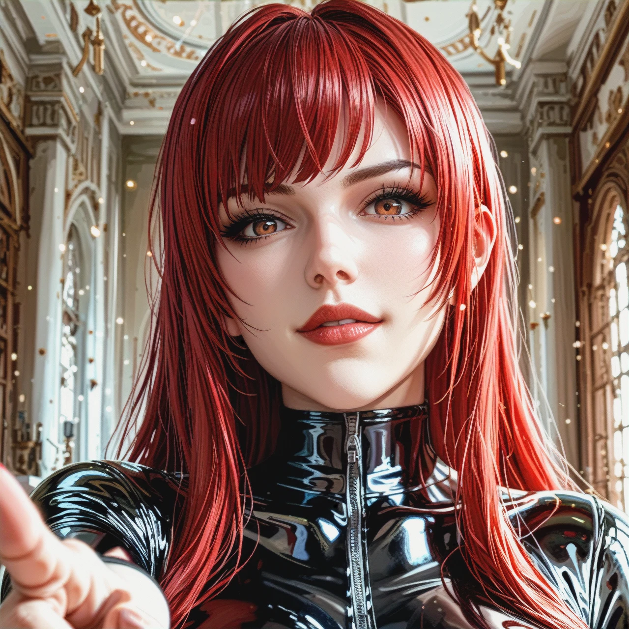 Mitsuru Kirijo with big tits, {{{illustration}}}, {{{black tight latex suit}}},  in the bedroom (pointing_down) (yandere), red long hair, {{{realistic brown eyes with black pupils}}}, {{black eyeliner}}, very long eyelashes, {{{beautiful oval face}}}, {{{pale gray skin}}}, looks seriously at the viewer, middle plan, {{{ blurred background of a bed in a rich apartment}}}, contrasting light and shadows, photorealism, sharpness , style: cinematic