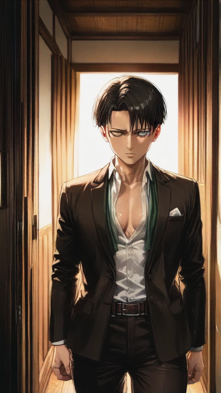 Levi Ackerman (Attack On Titan)  , standing, facing the viewer,  suit unbuttoned on the chest,