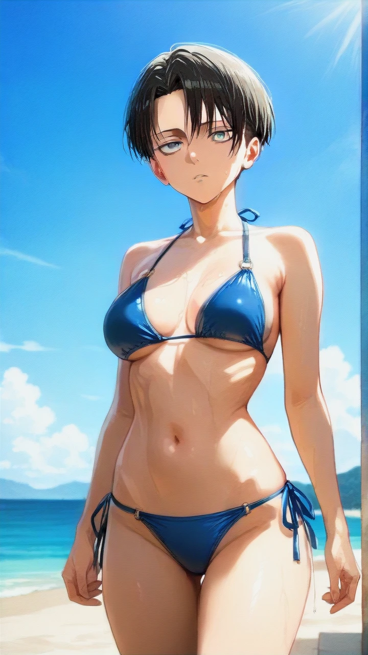 Levi Ackerman (Attack On Titan), standing, facing the viewer, beautiful eyes, bikini,