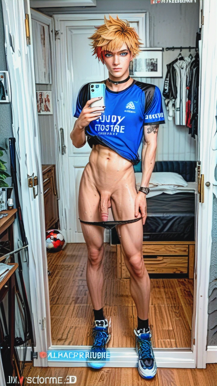 1boy,3d,pretty boy, freckles, blue eyes, emo blonde,  skinny, skinny arms, skinny legs, white paled skin,teenager, posing, provocative, full body selfie, sweating, soccer clothes,flat chest, choker, panties down, penis