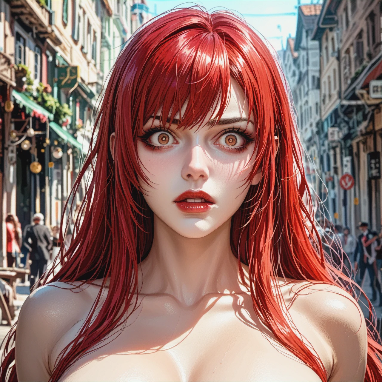 (asphyxiation) Mitsuru Kirijo with big breasts, {{illustration}}, {{realistic brown eyes with black pupils}}, {{naked}},  (scared), long red hair, {{black eyeliner}}, very long eyelashes, {{beautiful oval face}}, {{pale gray skin}}, medium background, {{blurred background of a rich bedroom}}, contrasting light and shadows, photorealism, sharpness, style: cinematic