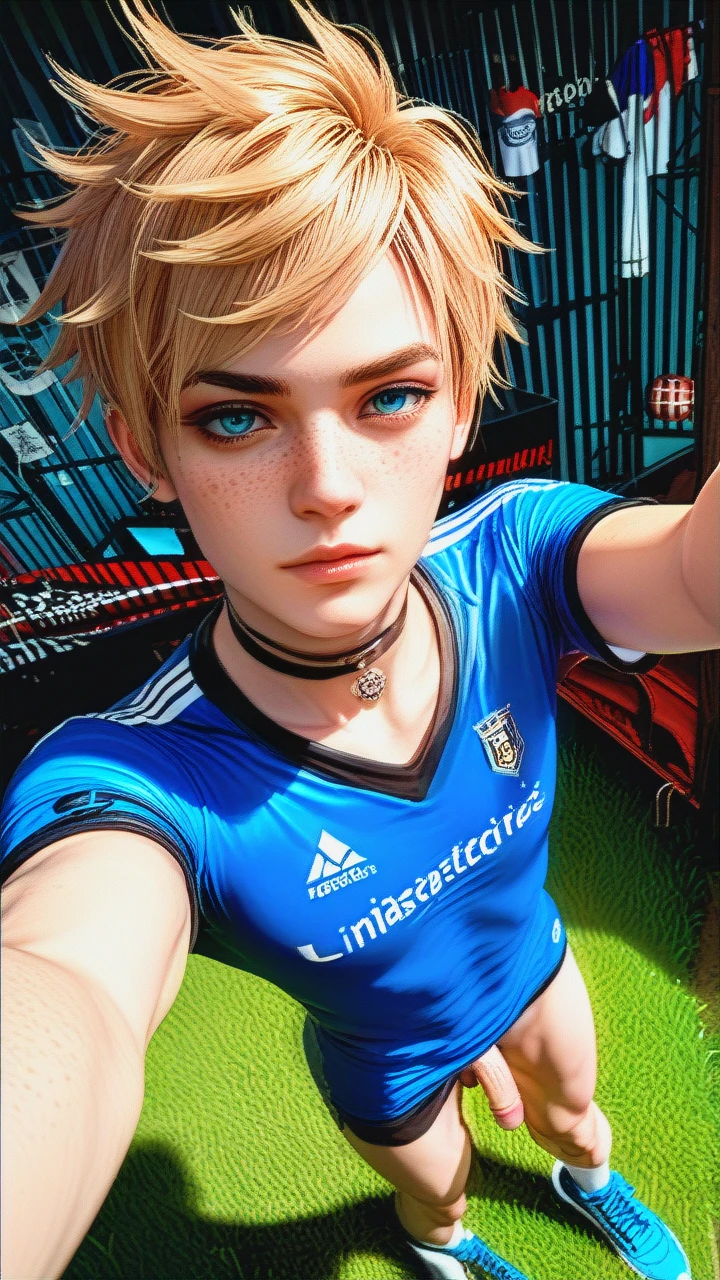 1boy,3d, adorable face,pretty boy, freckles, blue eyes, emo blonde,  skinny, skinny arms, skinny legs, white paled skin,teenager, posing, provocative,high angle selfie, soccer clothes,flat chest, choker, panties down, penis veiny